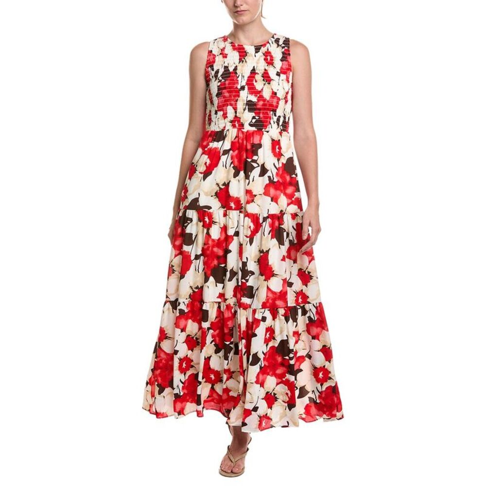 Anne Klein Womens Petite Smocked Bodice Tiered Maxi Dress